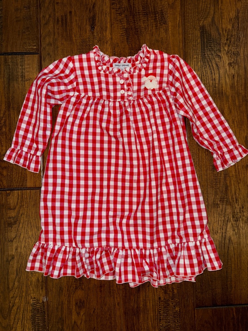 Sweet Dreams RED GINGHAM NIGHTGOWN WITH EMBROIDERED SANTA. Size 5. Worn once.